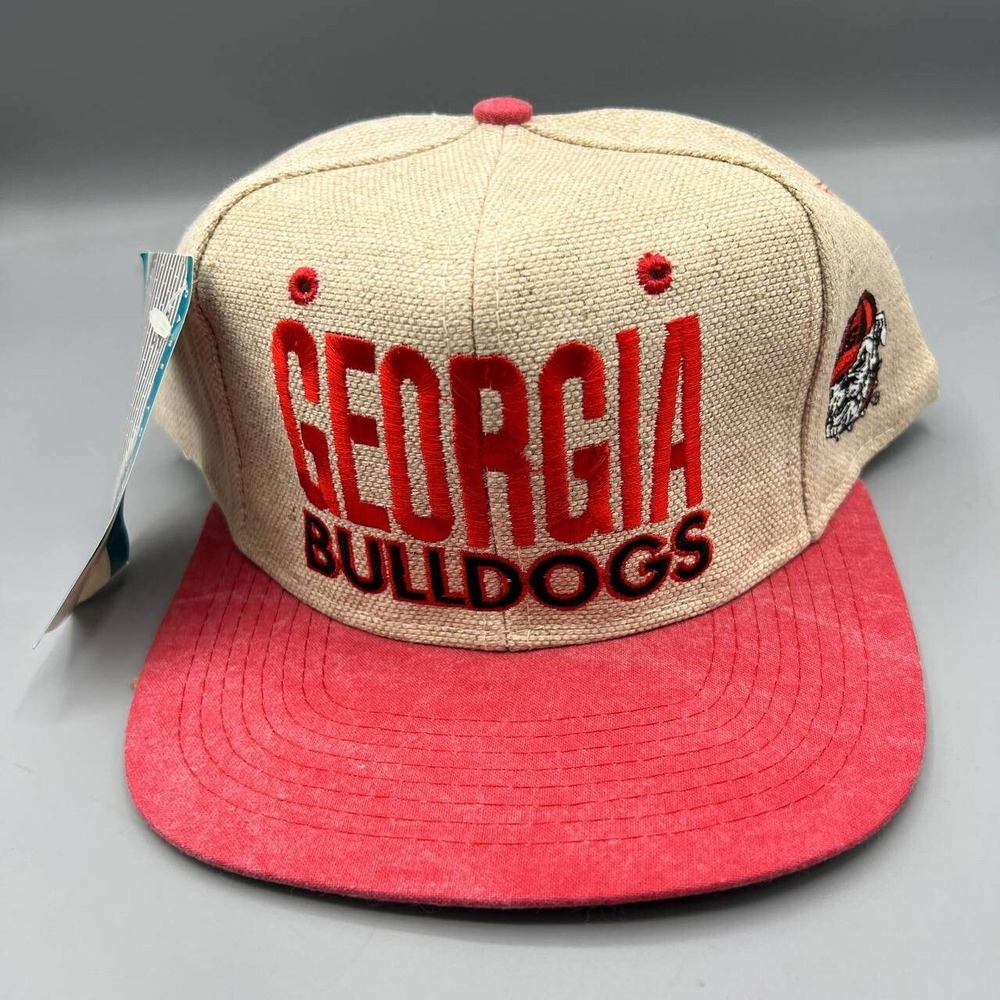 Vintage Georgia Bulldogs Hat Men Beige‎ Red Signatures Snap Back Cap New